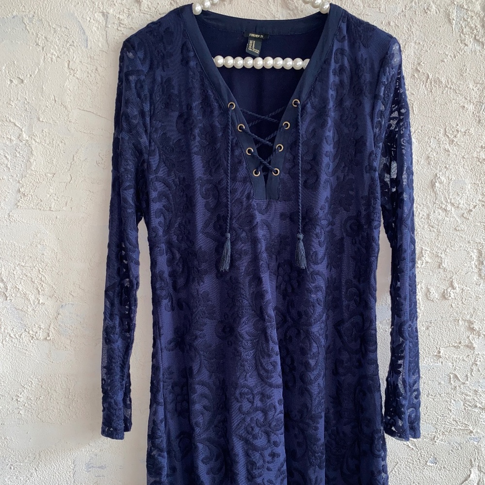 Forever 21 Navy Blue Lace Overlay Mini Dress Long Sleeve Tie Front Size Medium